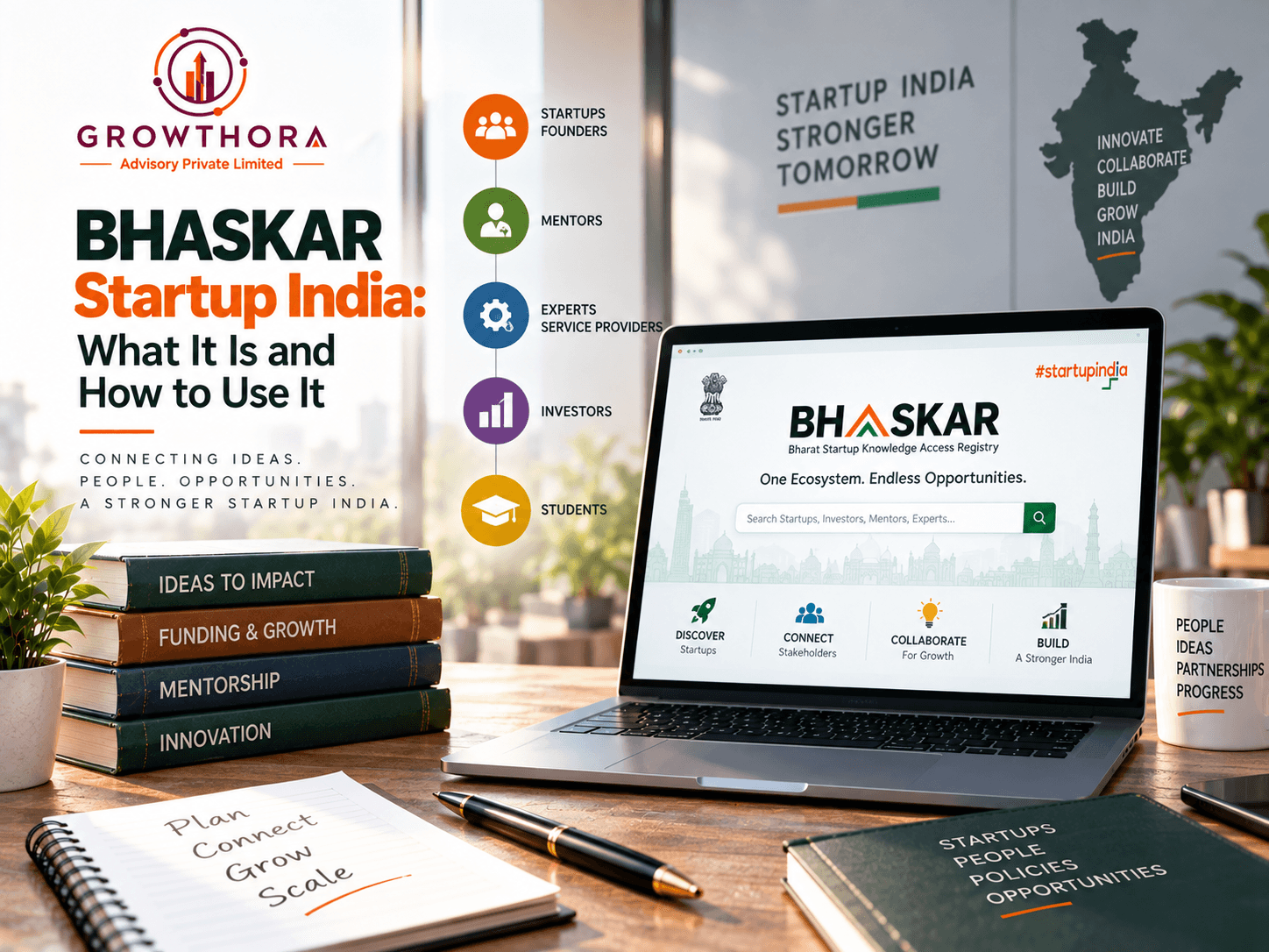 BHASKAR Startup India platform showing founders, mentors, investors, experts and students connecting through a unified startup ecosystem and digital registry in India