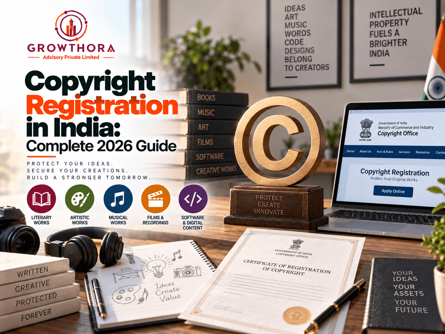 Copyright registration in India 2026 showing creative works, software, music, films, artistic content, Copyright Office filing and certificate of registration