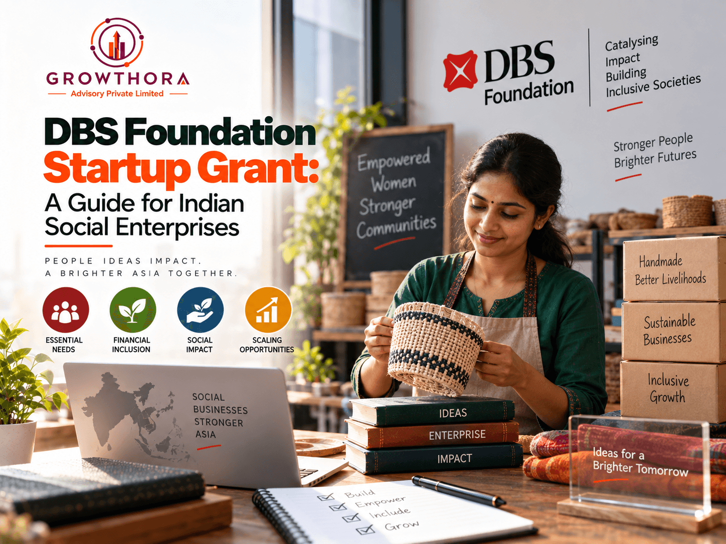 DBS Foundation Startup Grant for Indian social enterprises showing women-led business, financial inclusion, essential needs, social impact and sustainable growth opportunities
