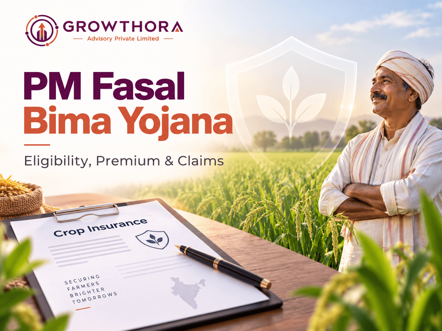 PM Fasal Bima Yojana crop insurance showing Indian farmer, insured crops, premium protection and claim support against crop loss