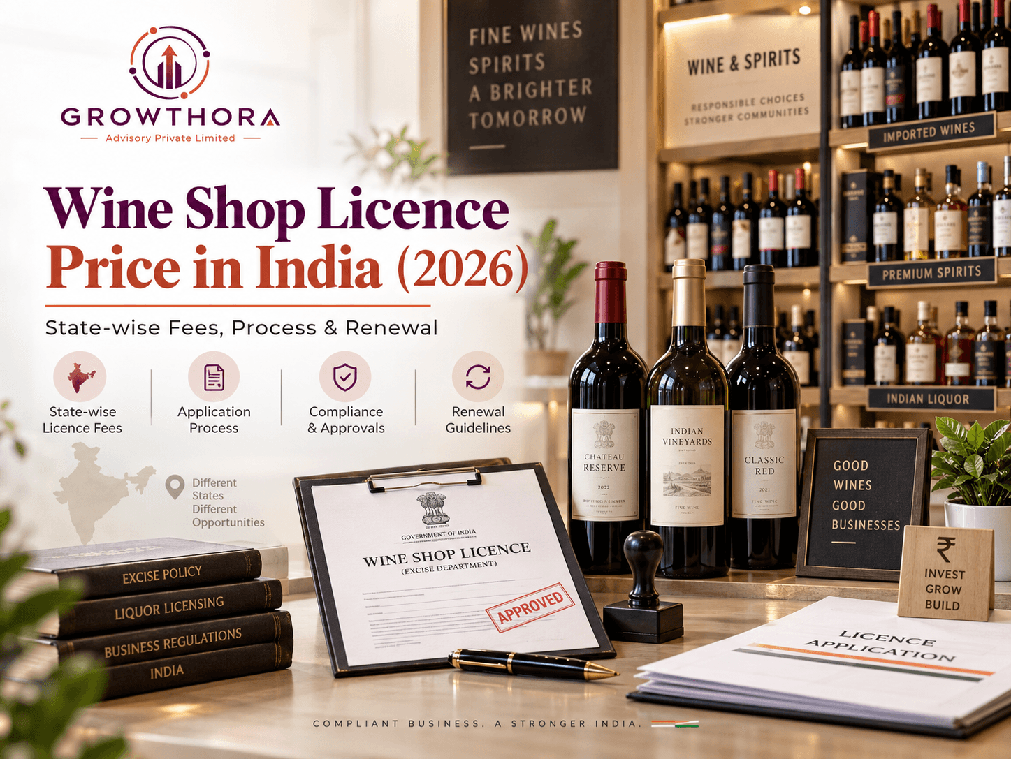 Wine shop licence in India 2026 showing state-wise licence fees, excise compliance, application process, renewal requirements and retail liquor business setup