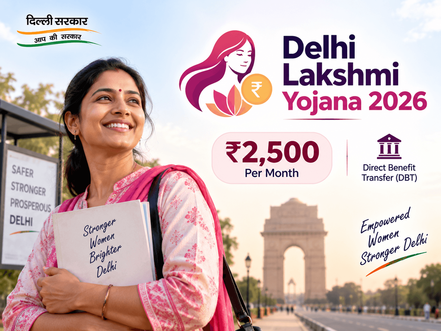 Delhi Lakshmi Yojana 2026 providing ₹2,500 per month through DBT to eligible women in Delhi, shown with a woman beneficiary and India Gate.