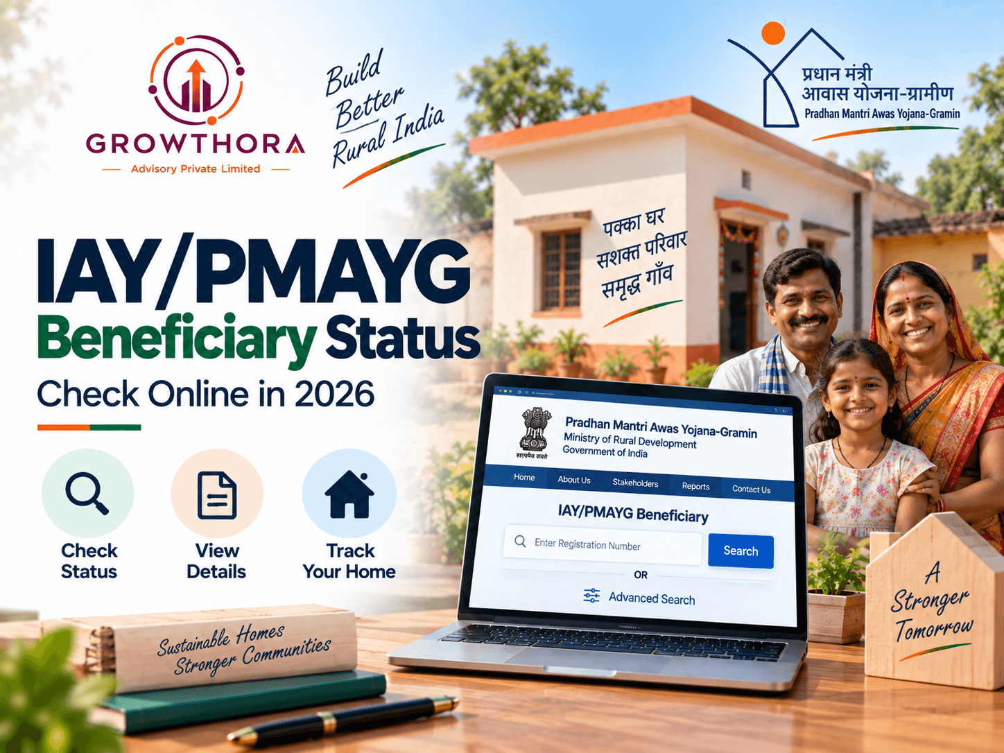 IAY PMAY-G beneficiary status 2026 showing how rural housing beneficiaries in India can check registration status, sanction details and home progress online.