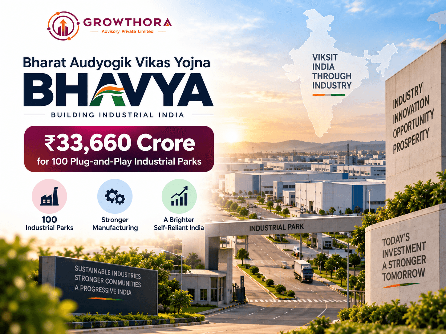 Bharat Audyogik Vikas Yojna (BHAVYA) featuring ₹33,660 crore investment to develop 100 plug-and-play industrial parks across India by 2032.
