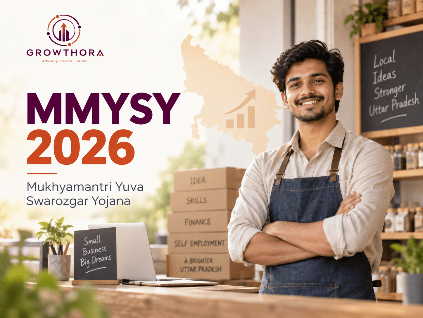 Mukhyamantri Yuva Swarozgar Yojana 2026 showing a young entrepreneur in Uttar Pradesh planning business growth, financing, skills and self-employment opportunities