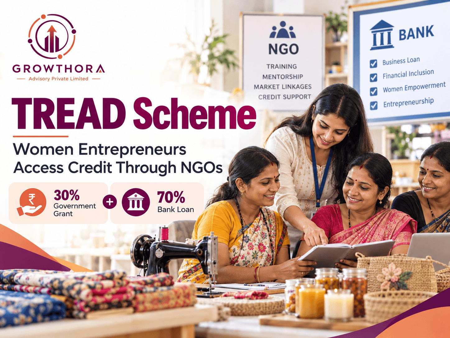 TREAD Scheme for women entrepreneurs showing NGO-led training, mentorship, government grant support, bank credit and small business development in India