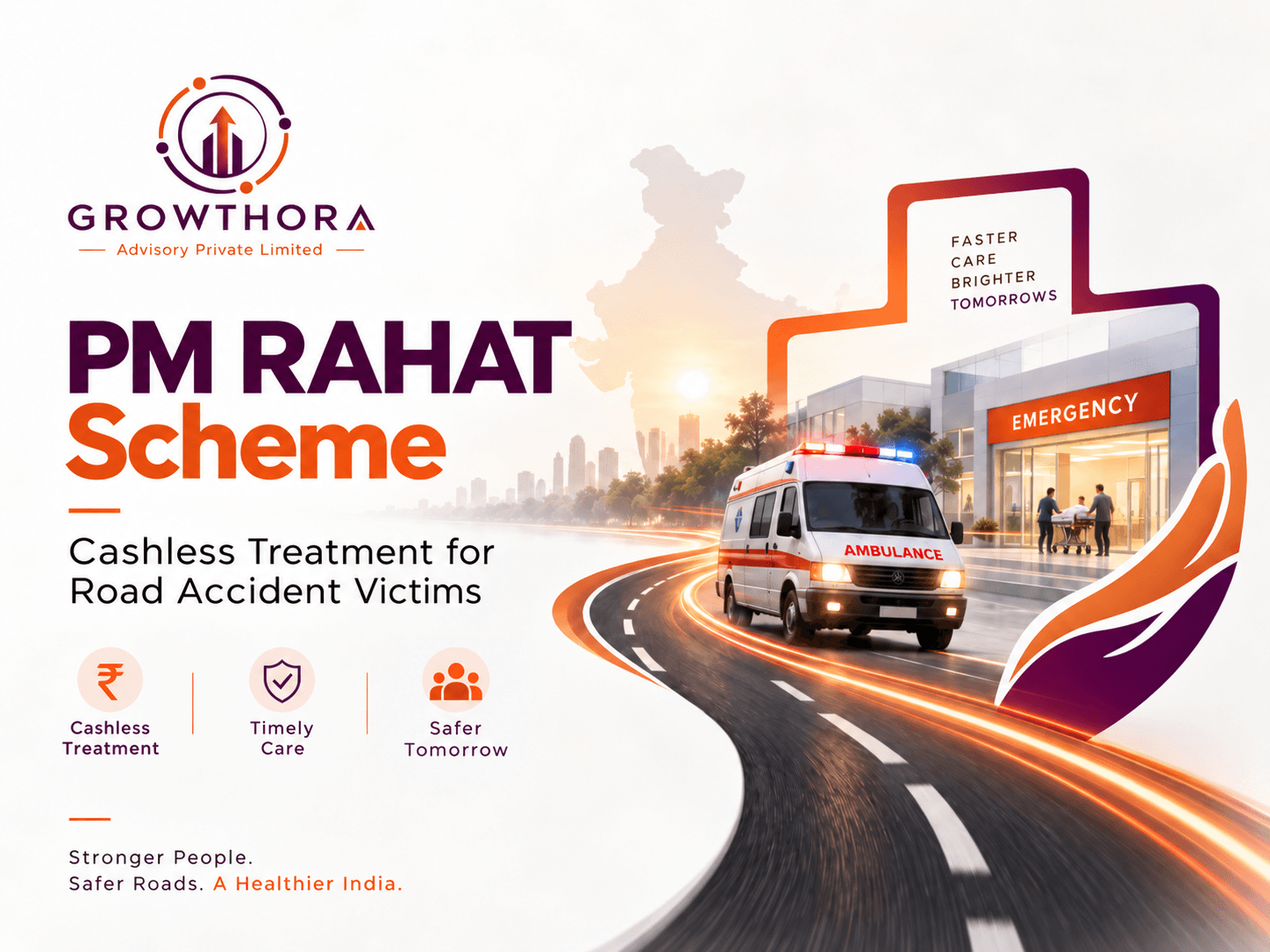 PM RAHAT Scheme 2026 showing cashless emergency treatment for road accident victims, ambulance support, hospital care and road safety assistance in India