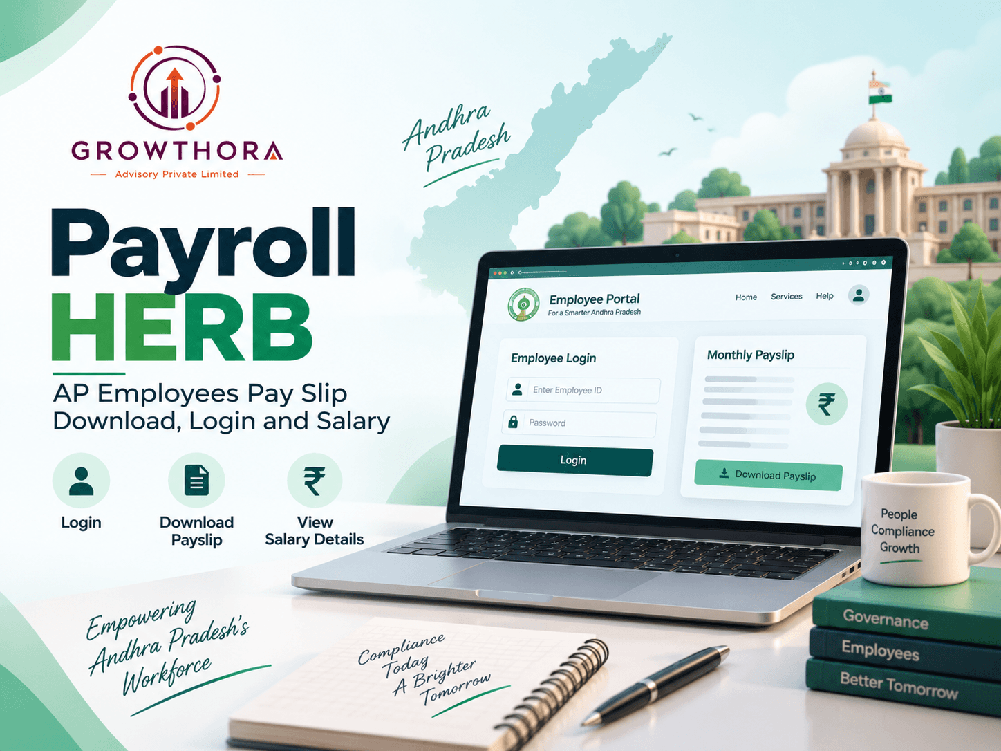 Payroll HERB AP Employees Pay Slip showing employee login, salary details and monthly payslip download for Andhra Pradesh government employees.