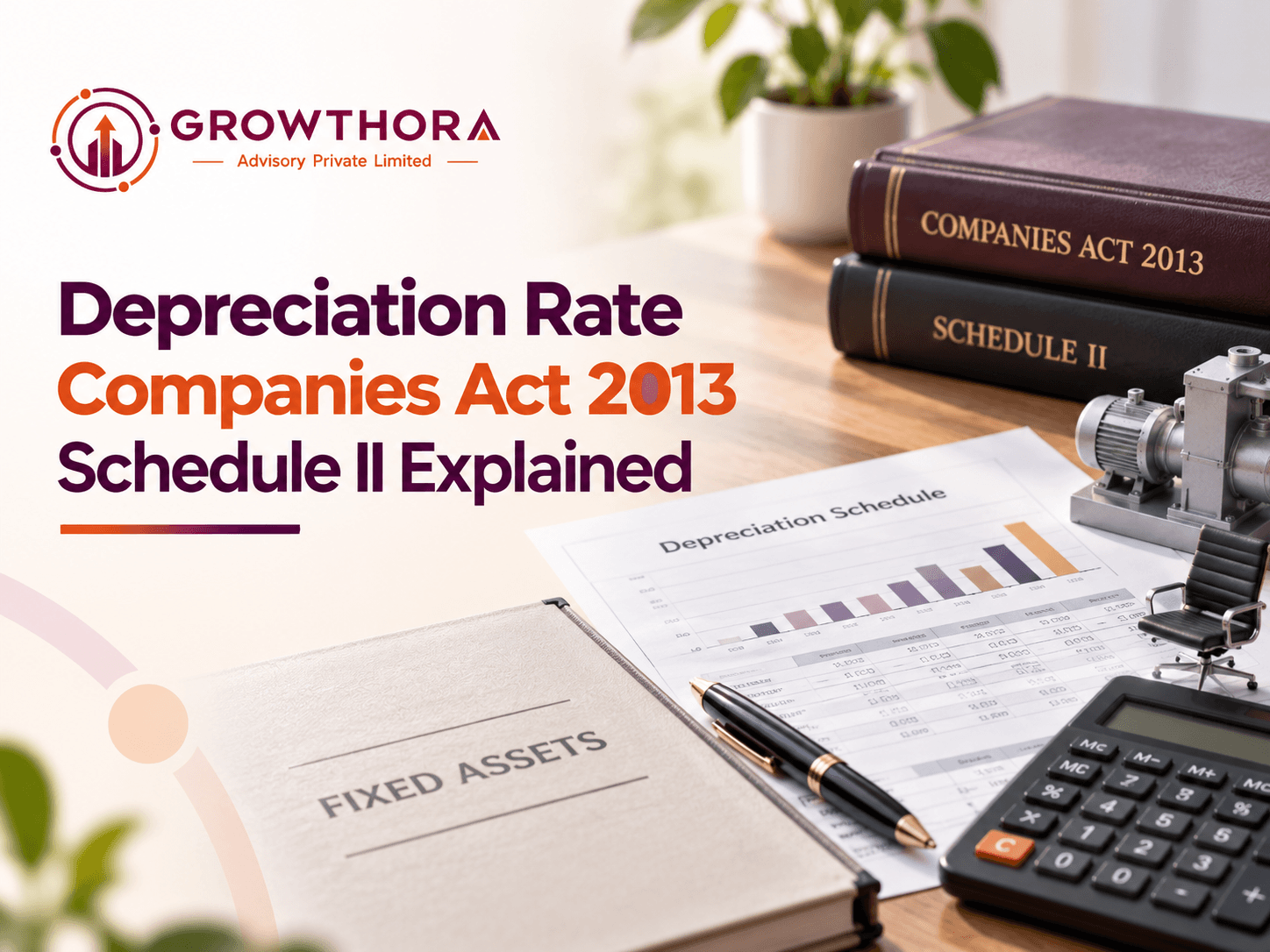 Depreciation rate under Companies Act 2013 Schedule II showing fixed assets, depreciation schedule, calculator and asset accounting documents