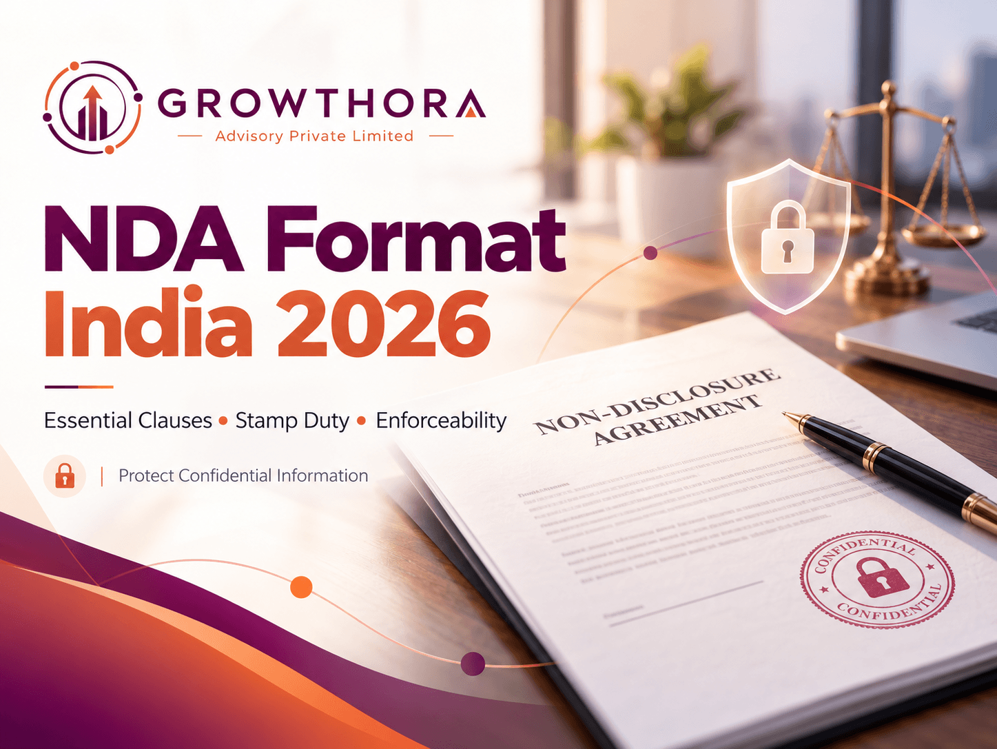 NDA Format India 2026 banner showing a non-disclosure agreement, confidentiality protection, stamp duty, enforceability, legal compliance and secure business information.
