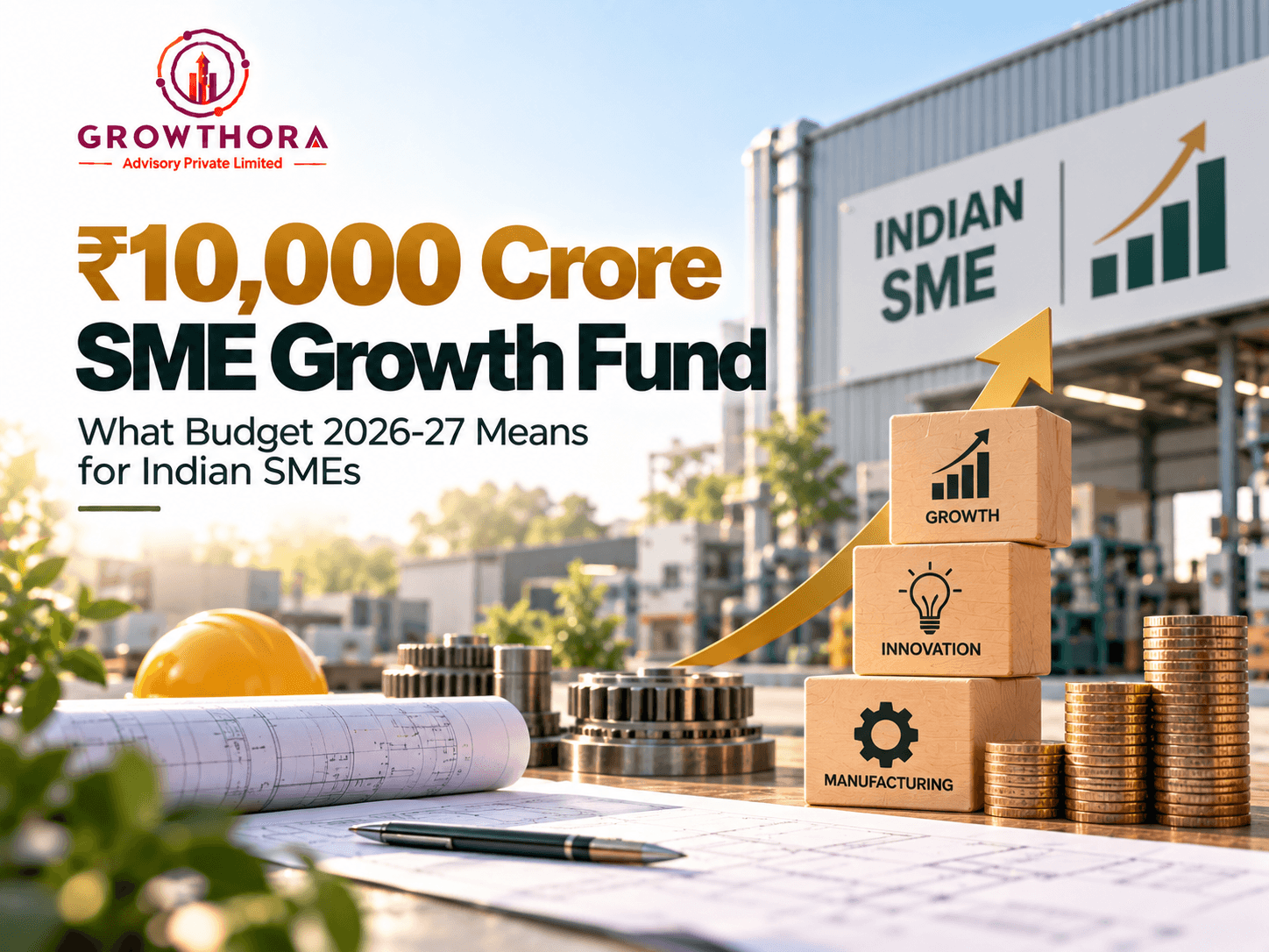 ₹10,000 Crore SME Growth Fund under Budget 2026-27 showing equity support, manufacturing expansion, innovation, investment readiness and growth opportunities for Indian SMEs