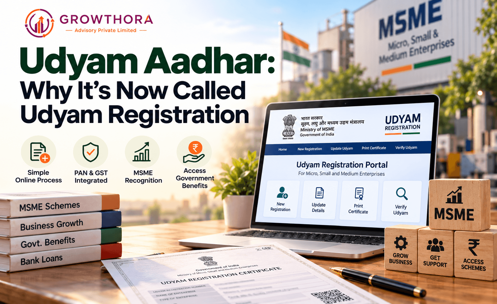 Udyam Aadhar and Udyam Registration guide showing MSME registration, PAN and GST integration, online certificate, government benefits and business growth support in India