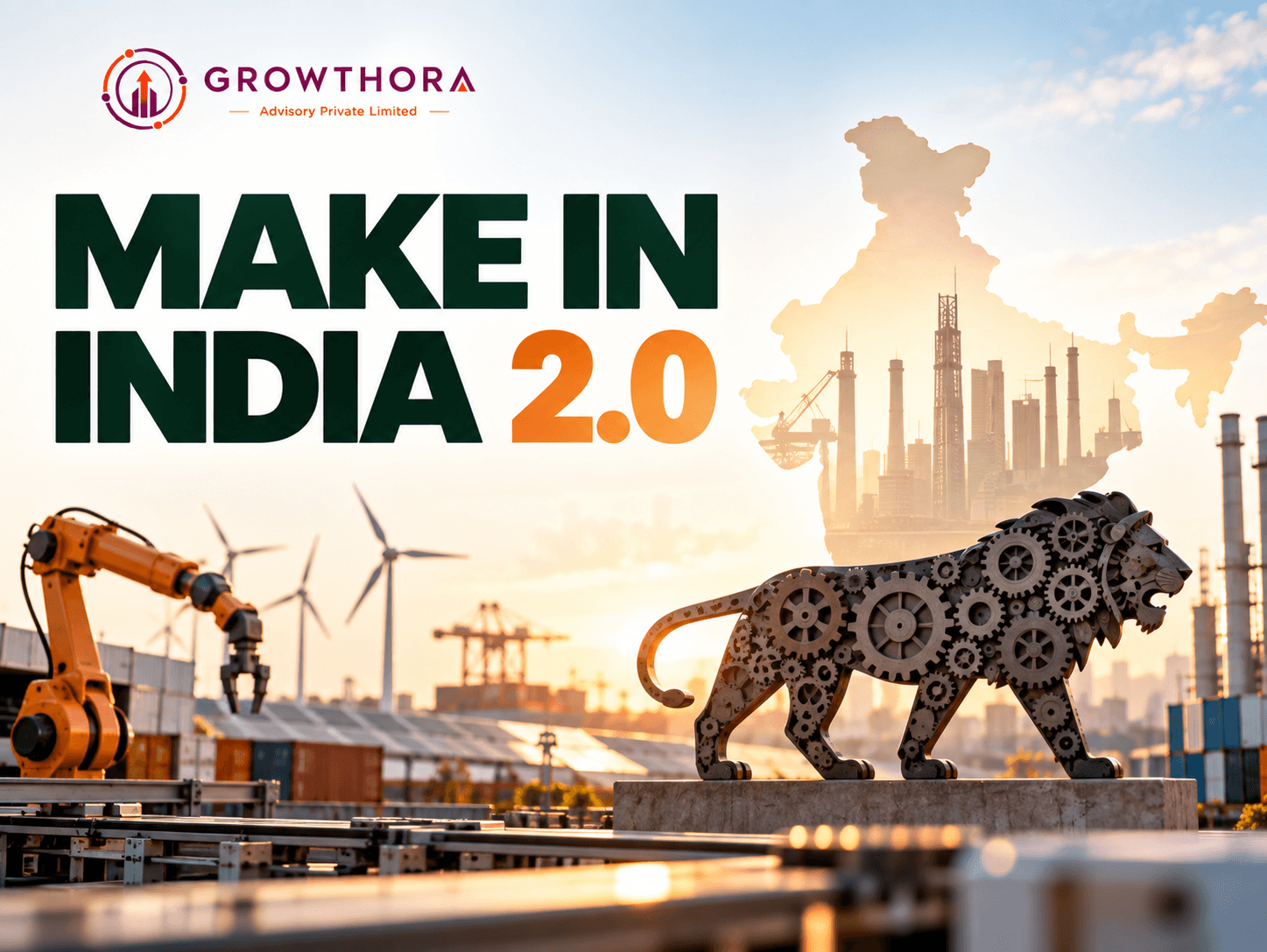 Make in India 2.0 showing India’s 27 priority sectors, manufacturing growth, automation, renewable energy, logistics and industrial development opportunities for MSMEs
