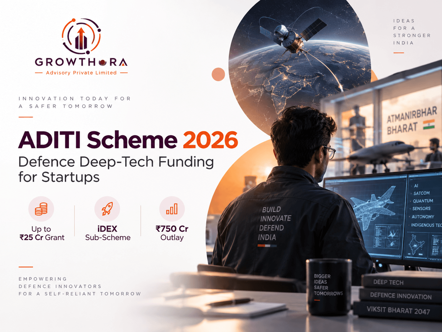 ADITI Scheme 2026 showing defence deep-tech funding for startups, iDEX innovation, AI, quantum technology, semiconductors, cybersecurity, autonomous systems and indigenous defence development in India