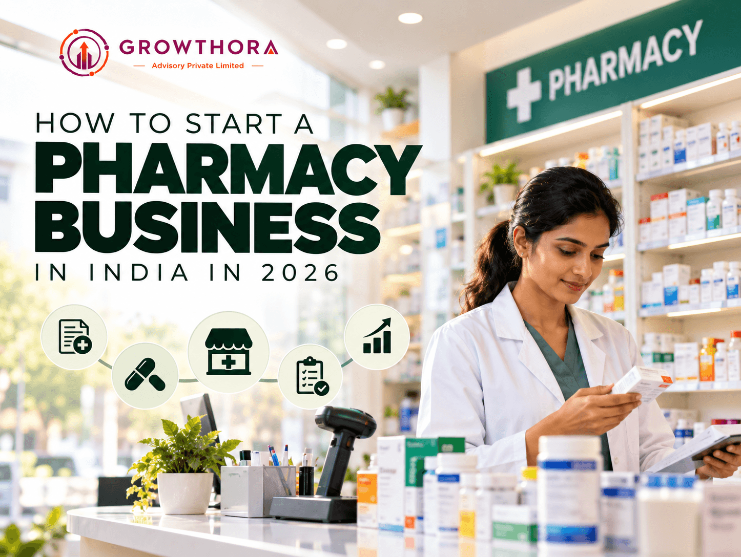 How to start a pharmacy business in India in 2026 showing a retail medical store, registered pharmacist, drug licence, medicines, compliance requirements and business setup