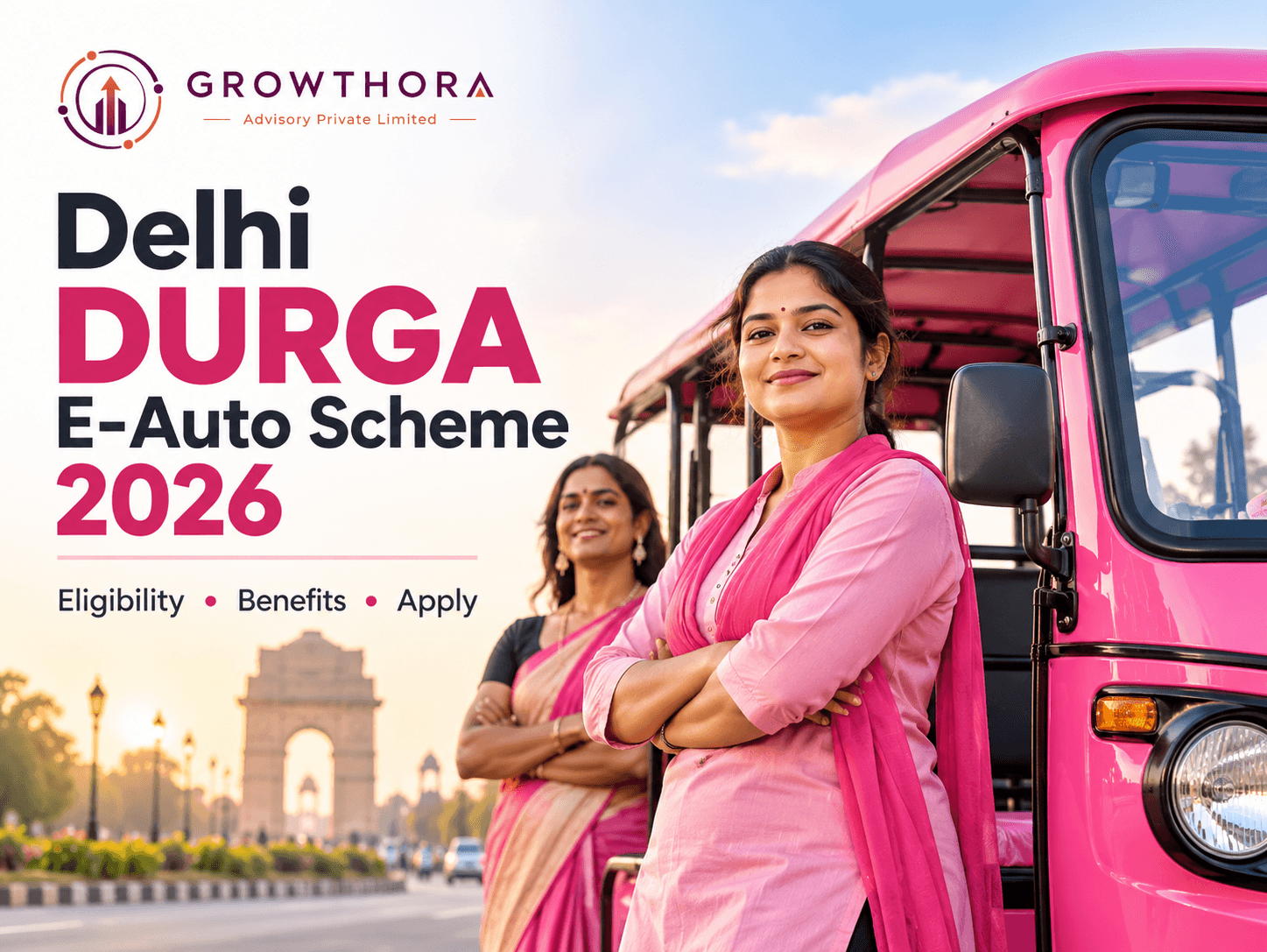 Delhi DURGA E-Auto Scheme 2026 showing pink electric autos, women drivers, reserved permits, subsidy support and self-employment opportunities in Delhi