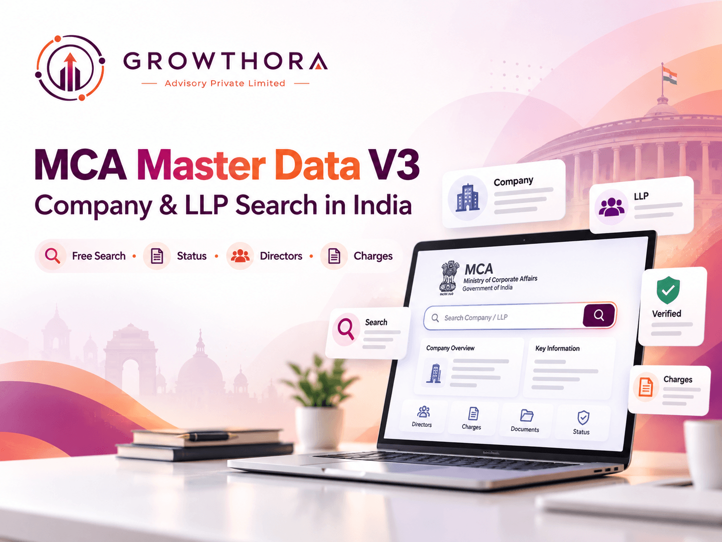MCA Master Data V3 banner showing company and LLP record search on the Ministry of Corporate Affairs portal, including directors, charges, filings and company status verification.