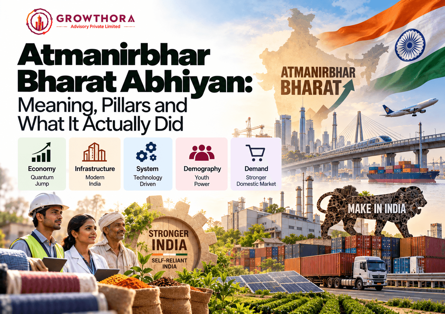 Atmanirbhar Bharat Abhiyan showing the five pillars of Economy, Infrastructure, System, Demography and Demand, along with manufacturing, exports, technology, agriculture and self-reliant India growth
