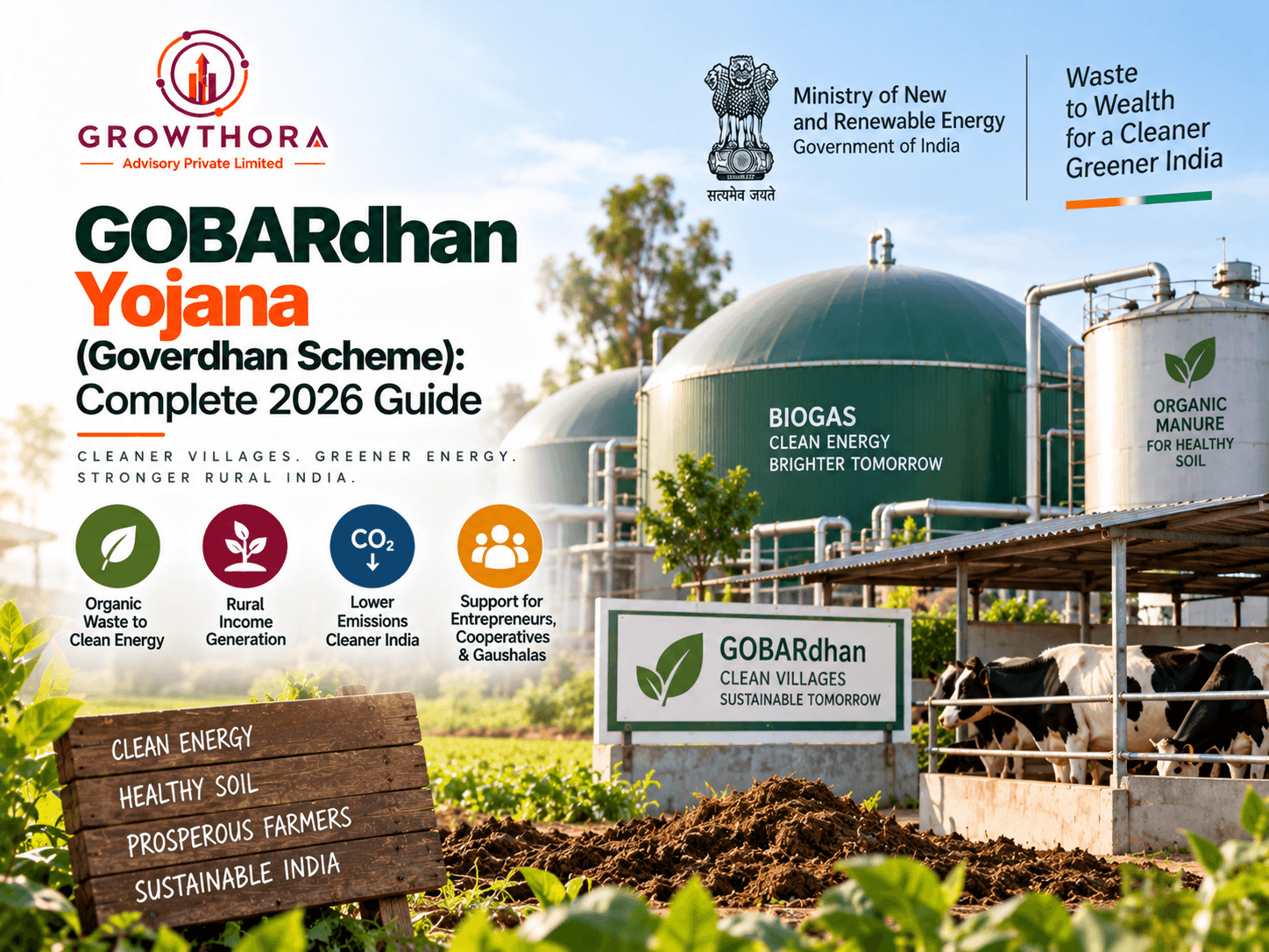 GOBARdhan Yojana 2026 showing biogas plants, cattle dung and organic waste conversion, clean energy, organic manure, rural income generation and support for entrepreneurs and cooperatives in India