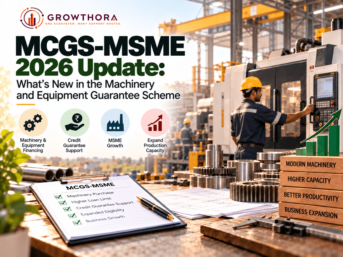 MCGS-MSME 2026 update showing machinery and equipment financing, credit guarantee support, higher loan capacity, modern manufacturing and MSME business expansion in India