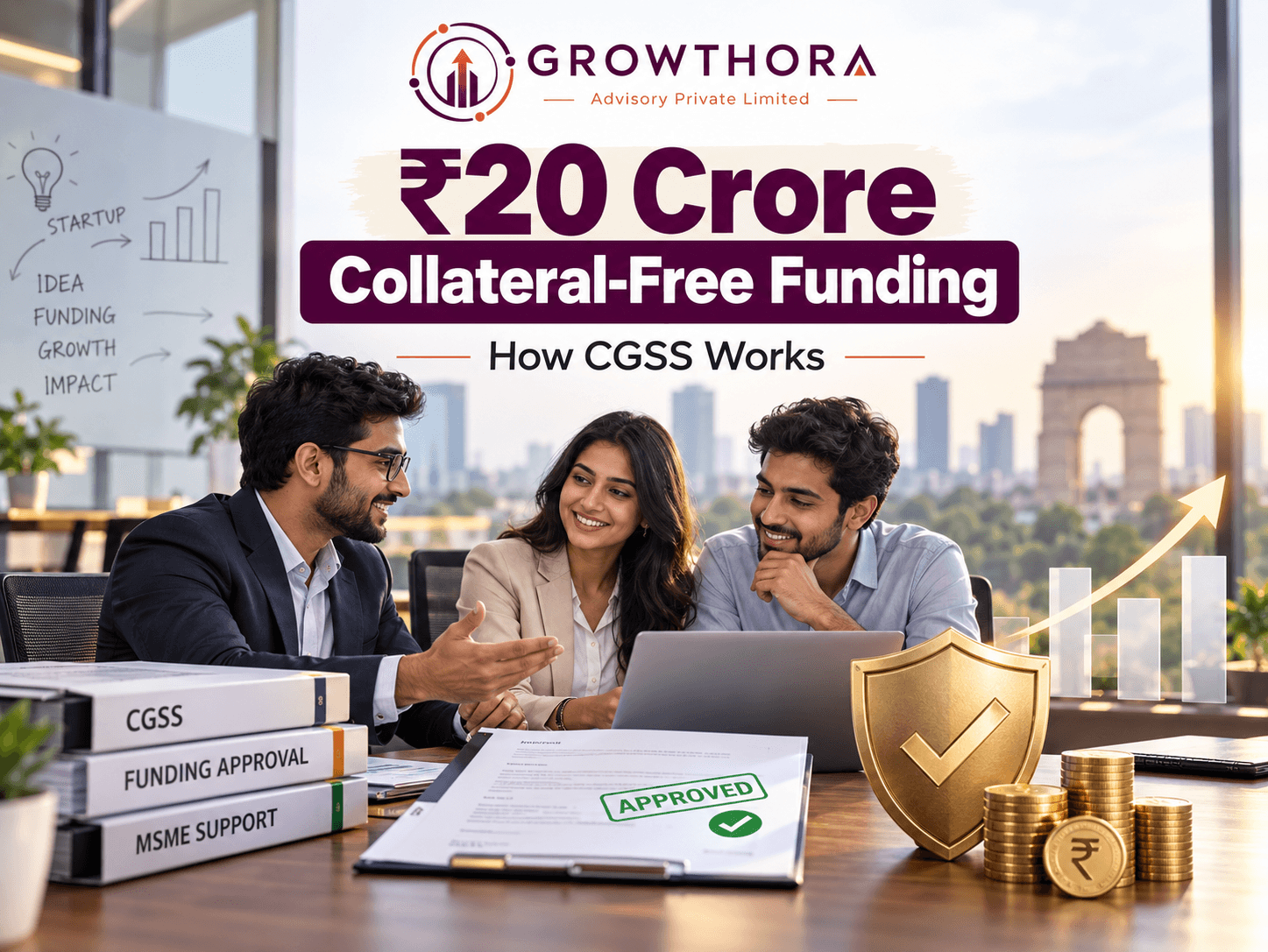 ₹20 crore collateral-free startup funding under CGSS showing government-backed credit guarantee, DPIIT-recognised startups, lender support, growth capital and business expansion in India