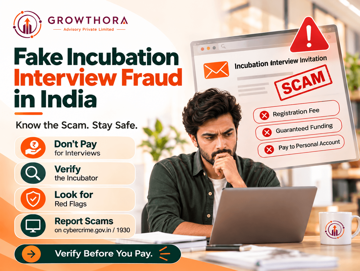 Fake incubation interview fraud awareness banner showing a startup founder reviewing a suspicious funding interview message, with warning signs about advance-fee scams, verification before payment and reporting cyber fraud at 1930.