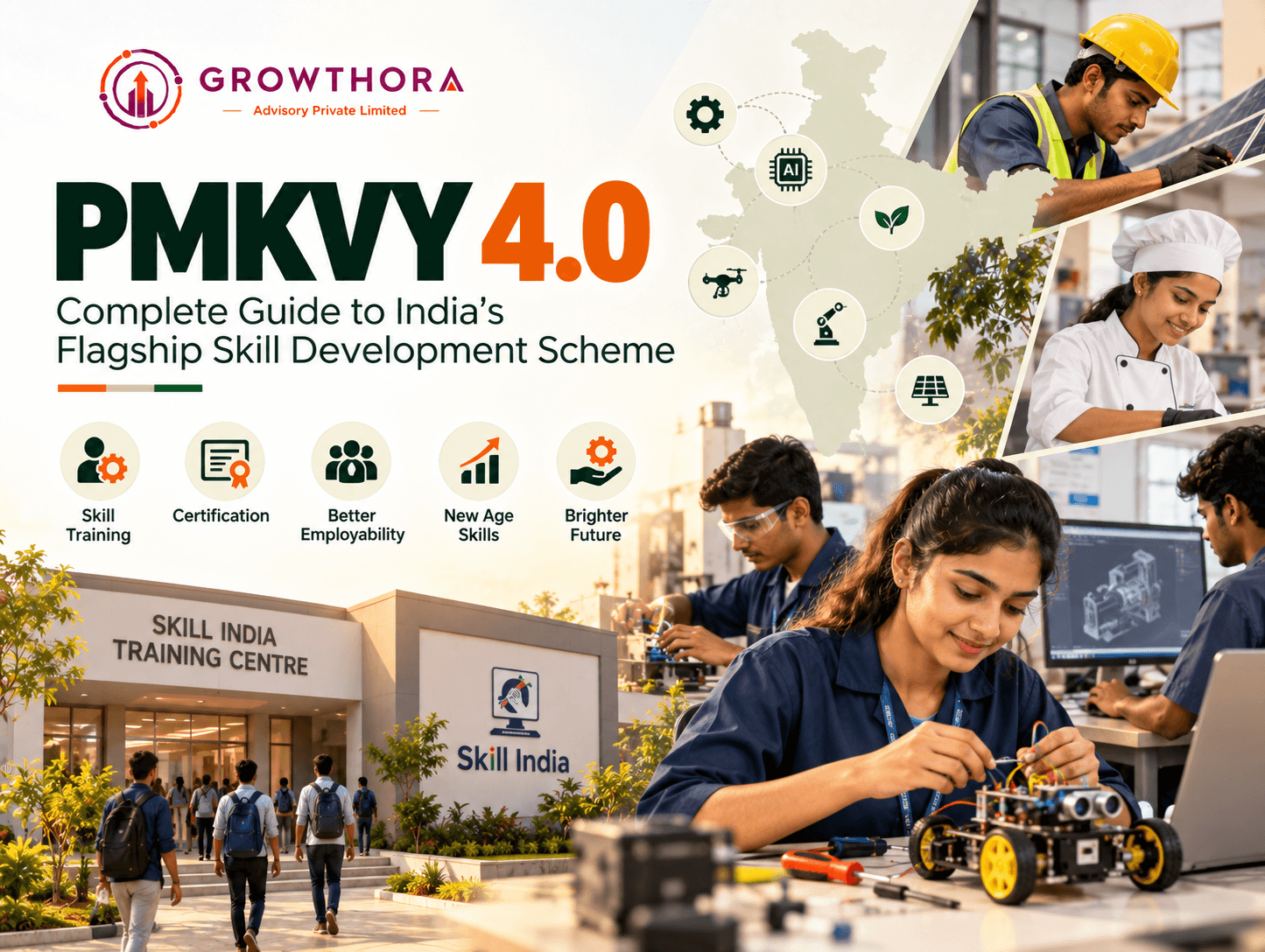 PMKVY 4.0 showing free skill training, certification, new-age courses in AI, robotics, solar and technical skills, with Skill India training and employability opportunities
