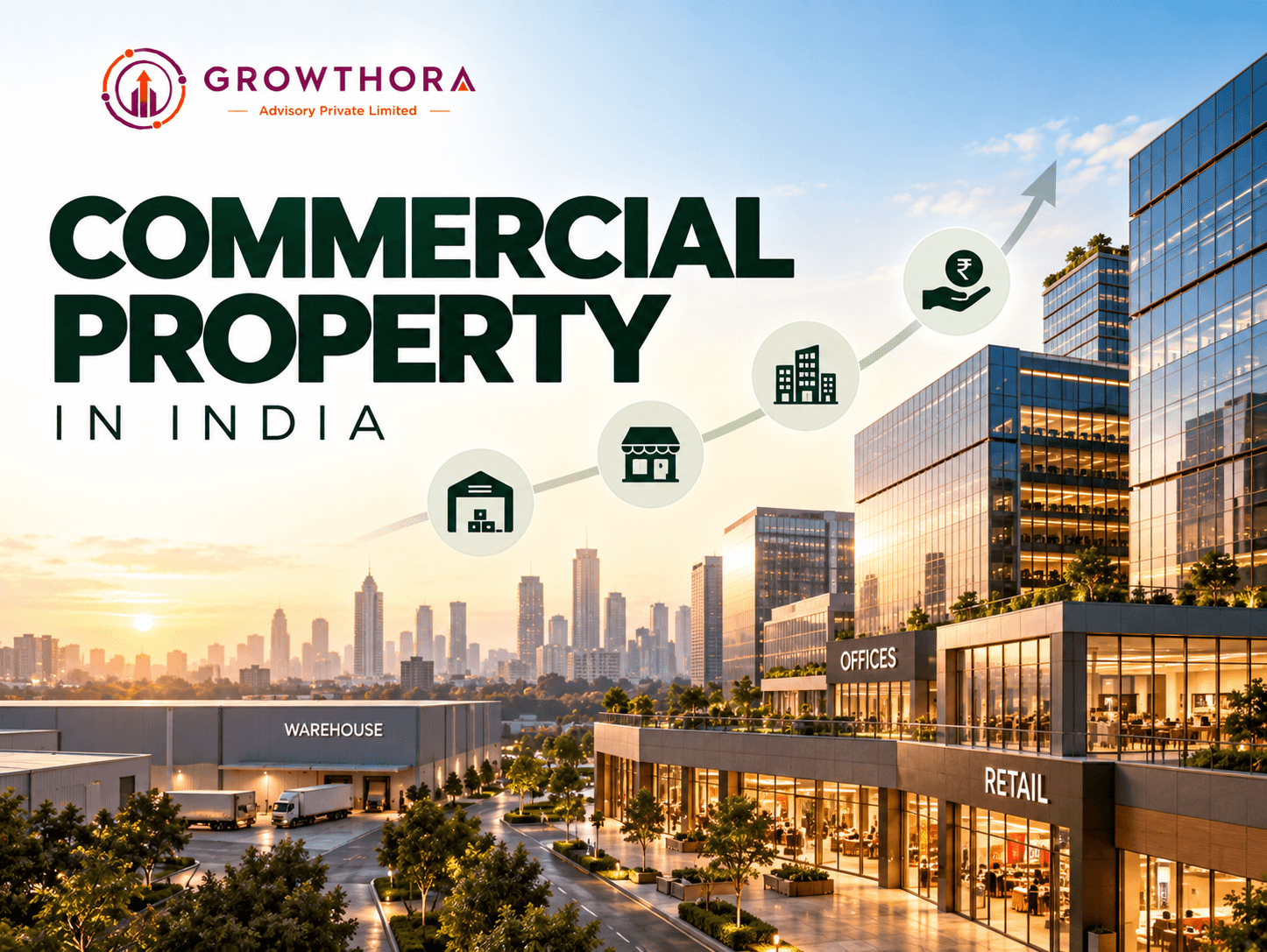 Commercial property in India showing office spaces, retail shops, warehouses and investment growth with rental yield opportunities in 2026