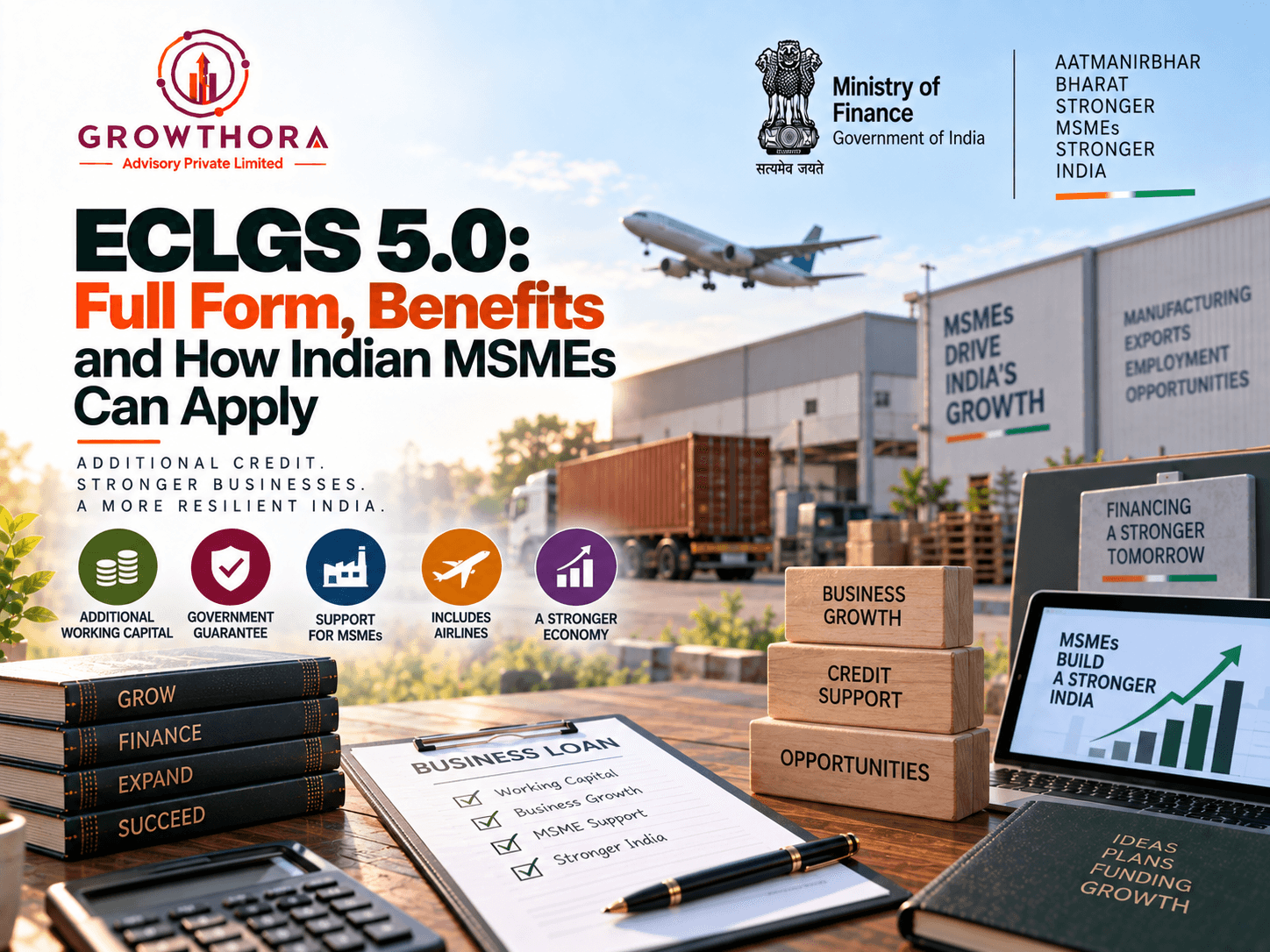 ECLGS 5.0 for Indian MSMEs showing additional working capital, government-backed credit guarantee, bank and NBFC financing, airline support and business growth