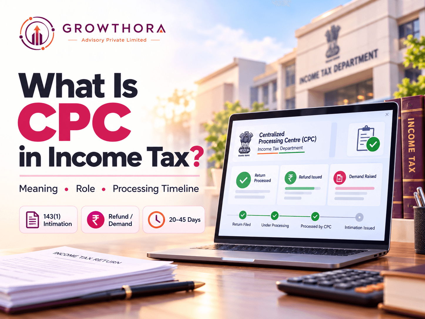CPC in Income Tax showing the Centralised Processing Centre process, income tax return verification, Section 143(1) intimation, refund or demand processing and typical ITR processing timeline