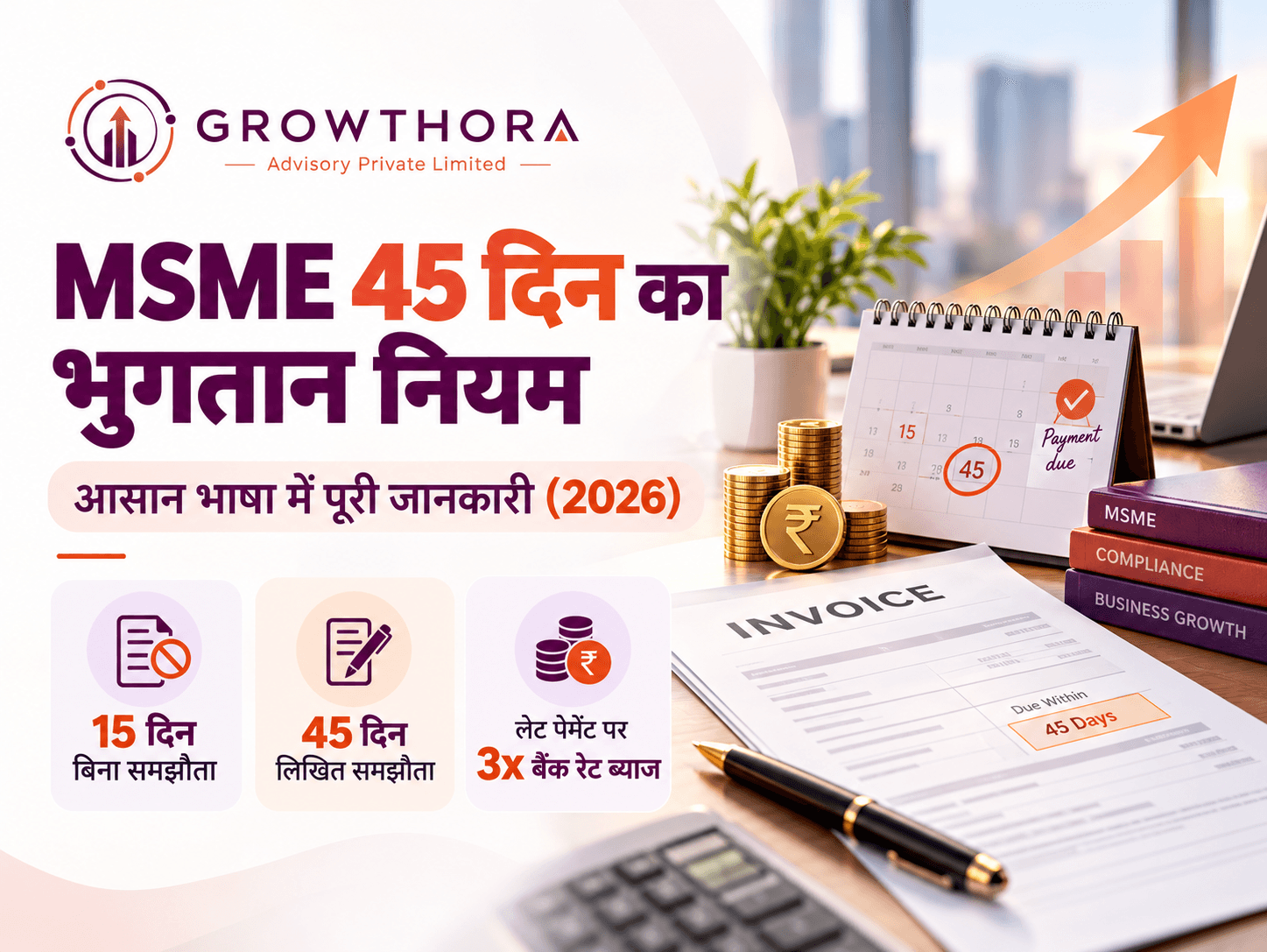 MSME 45 दिन भुगतान नियम हिंदी में, जिसमें 15 दिन और 45 दिन की भुगतान समय सीमा, बिल, कैलेंडर और देरी पर ब्याज नियम को दर्शाया गया है।