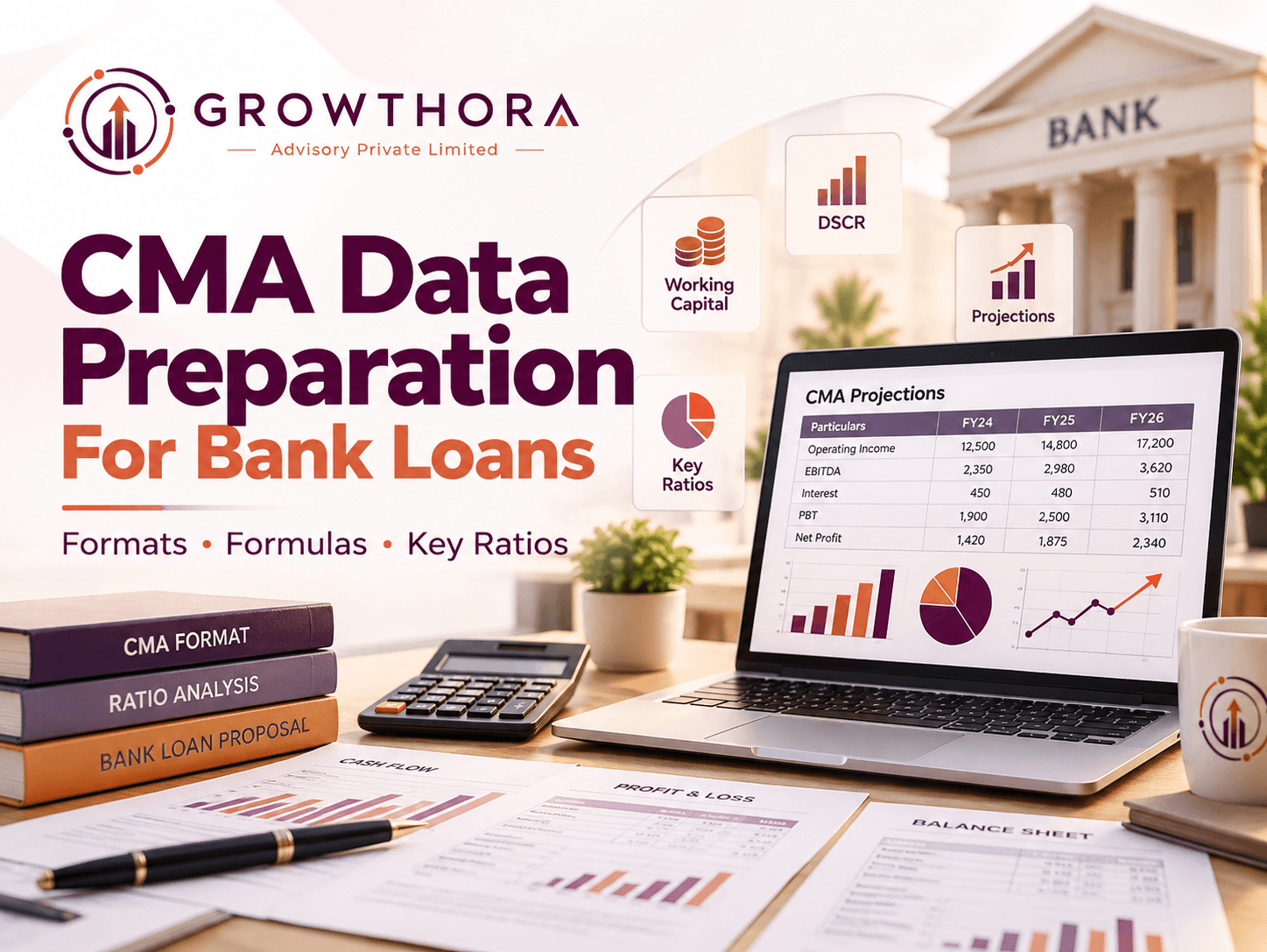 CMA data preparation for bank loans showing financial statements, formulas, key ratios, projections, bank analysis, calculator and business loan assessment documents