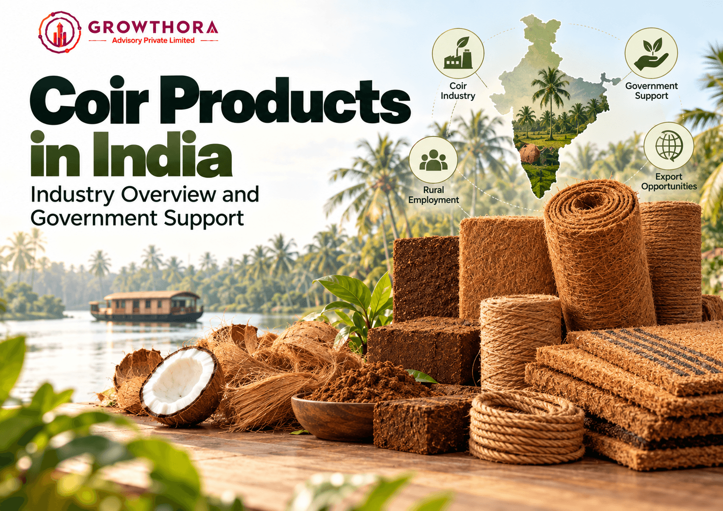 Coir products industry in India showing coconut fibre, coir mats, coco peat, geotextiles, rural manufacturing, export opportunities and government support through the Coir Board