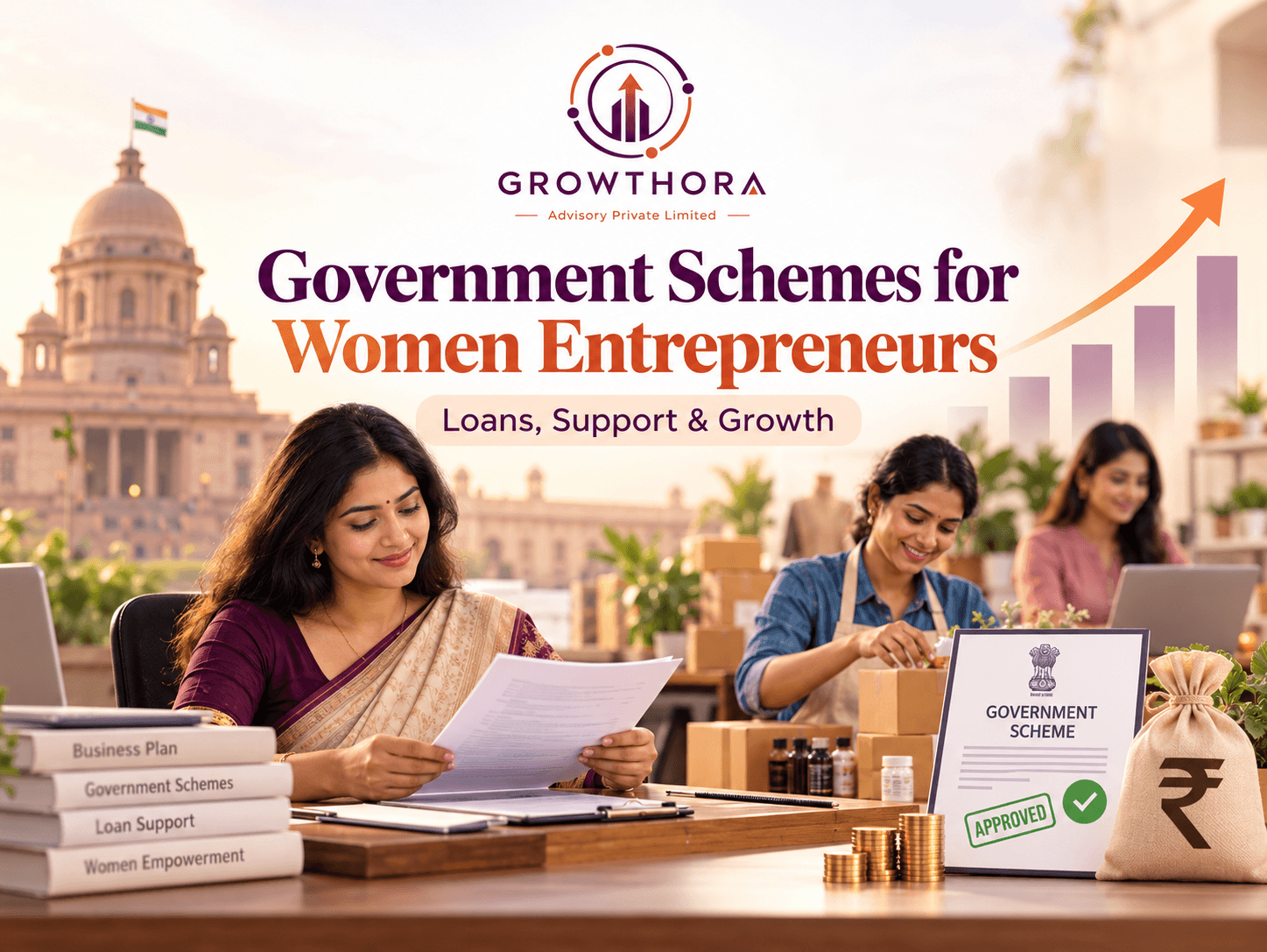 Government schemes for women entrepreneurs in India showing loan support, collateral-free funding, business growth, women-led enterprises and financial empowerment opportunities