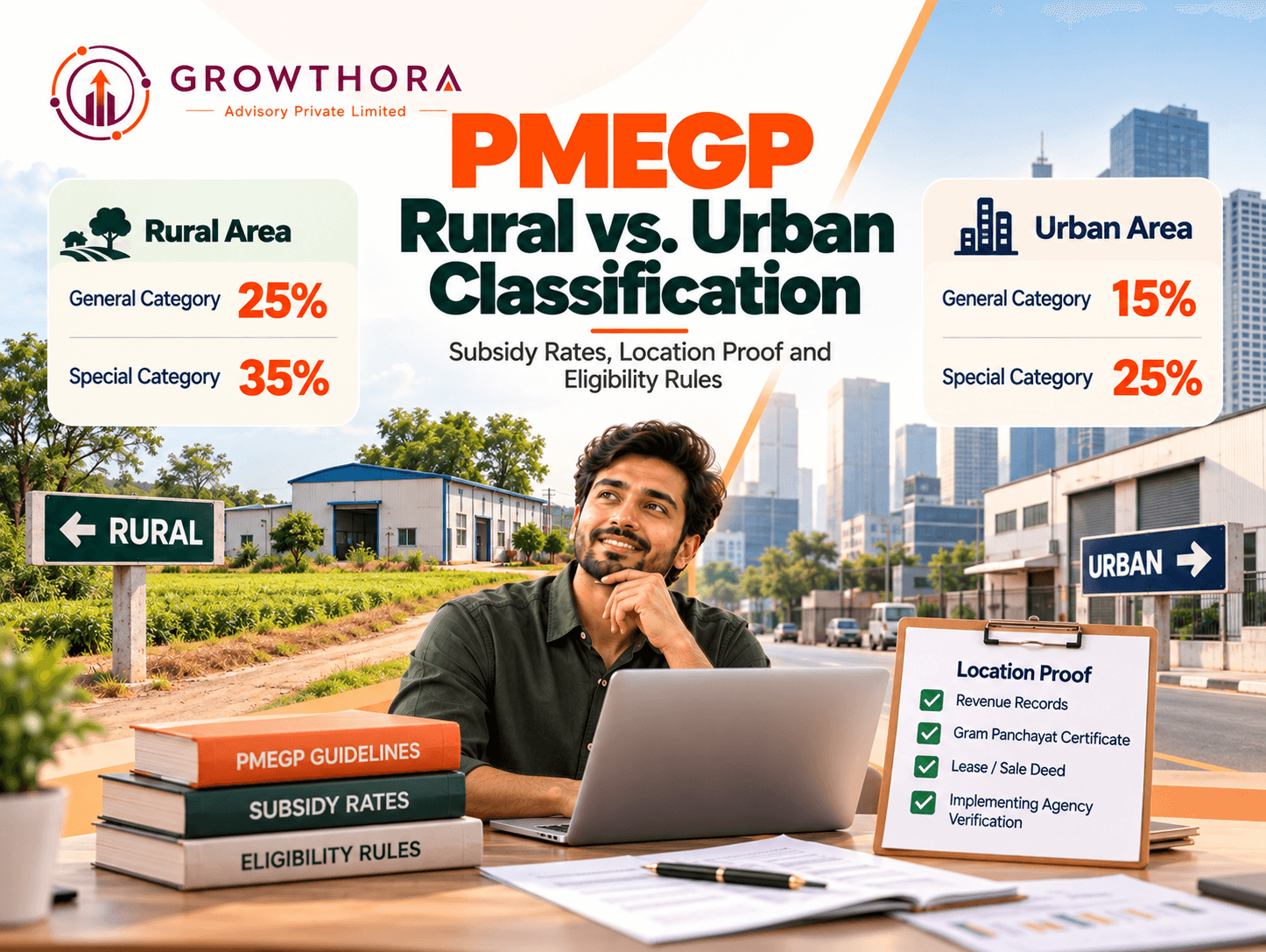 PMEGP rural vs urban subsidy comparison showing 25% and 35% rural subsidy rates versus 15% and 25% urban rates for general and special category applicants.