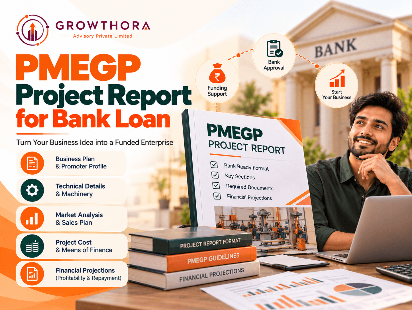 PMEGP project report format for bank loan applications showing DPR preparation, project costing, financial projections, calculator, bank assessment and business growth planning.