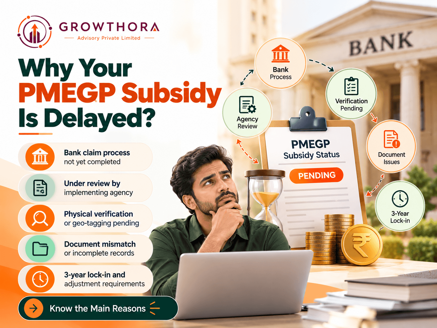 PMEGP subsidy delay explained with common reasons including pending bank claim, agency review, physical verification, document mismatch and three-year lock-in adjustment.
