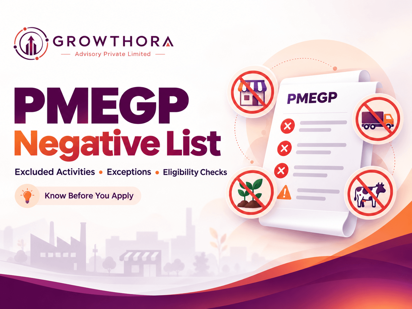 PMEGP negative list showing excluded business activities, permitted exceptions and eligibility checks to review before applying for a PMEGP loan or subsidy.