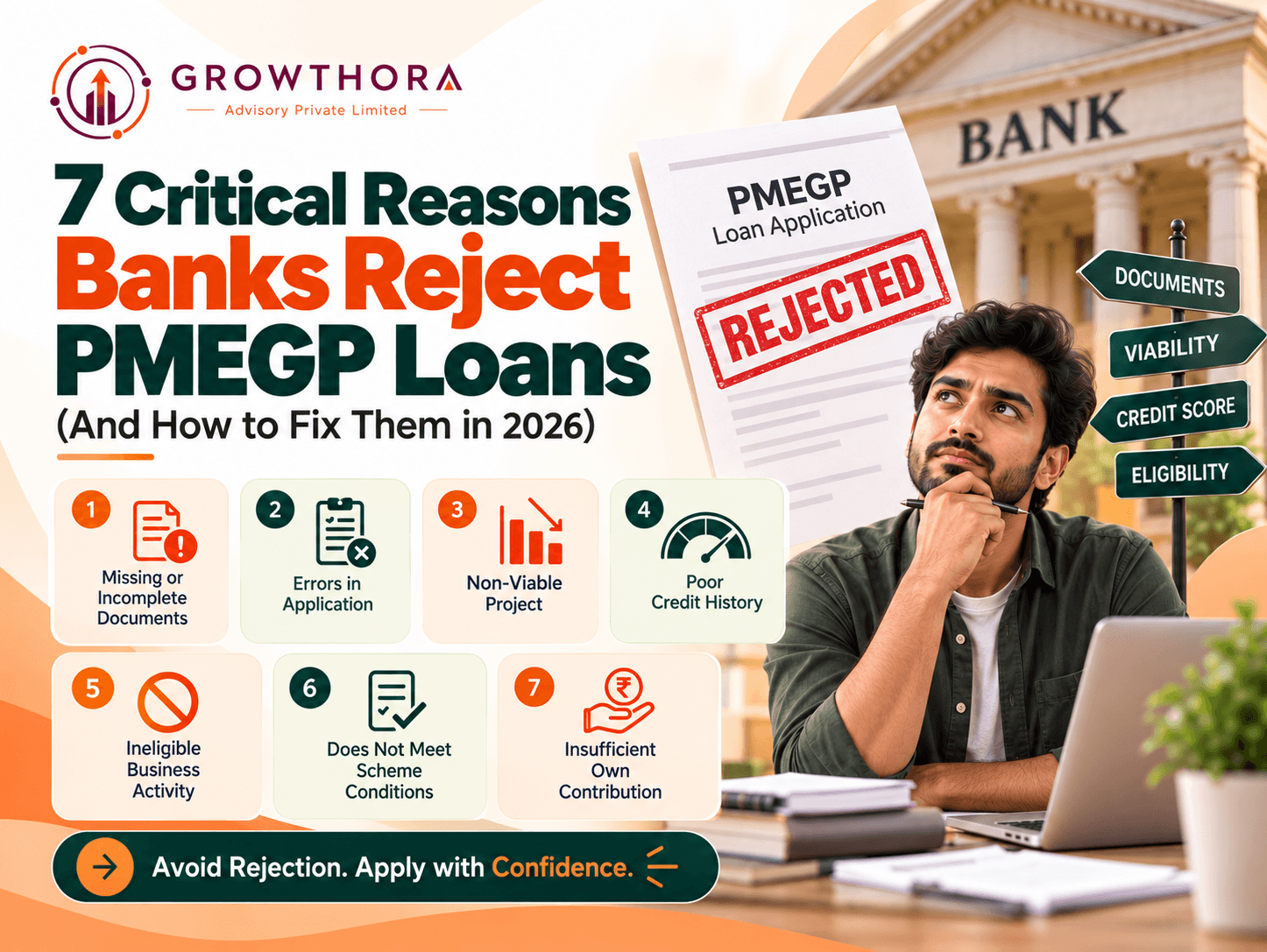 Growthora-branded banner about PMEGP loan rejection reasons, highlighting common causes such as missing documents, poor credit history, non-viable project reports, ineligible activities, and scheme eligibility issues, in a clean purple-orange theme.