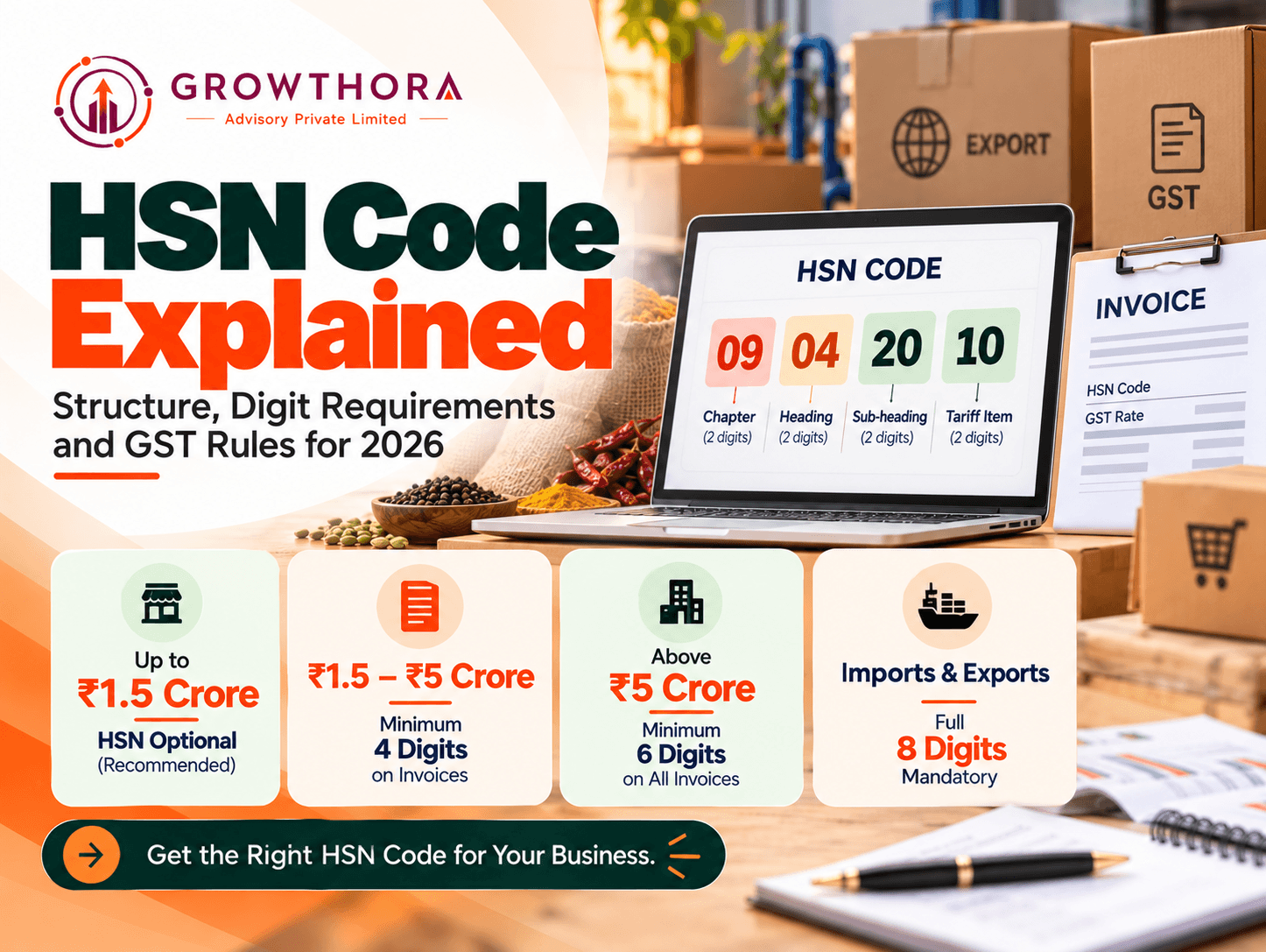 HSN Code explained for GST in India, showing GST invoices, product classification, 8-digit HSN structure, barcode-based goods identification and 2026 digit requirements